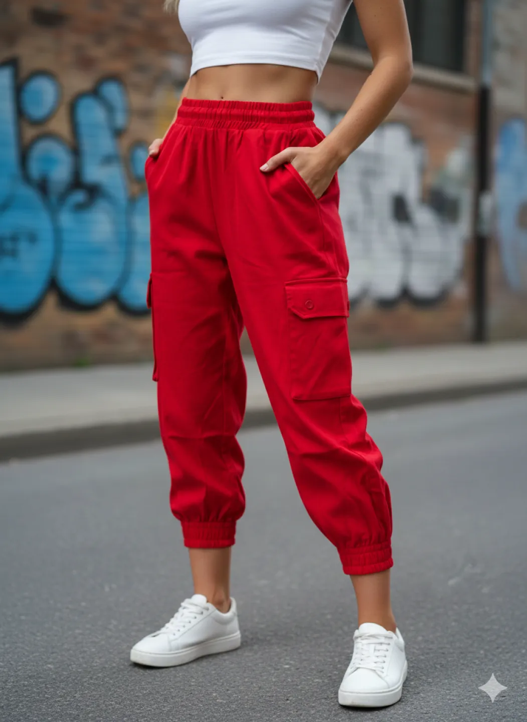 Pantaloni denim cargo damă roșii cu elastic și șiret