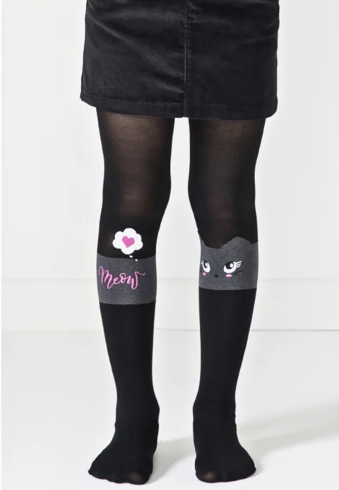 Dres fetițe Penti Pretty ,,Catty'', 30 den- imprimeu pisică, negru