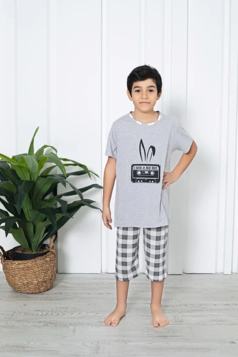 Pijama băieți, mânecă scurtă , imprimeu iepure Hip Hop, gri