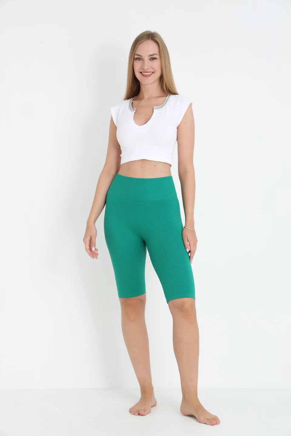 Colanți scurți raiati verde cu talie înaltă