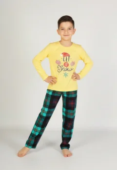 Pijama copii, mânecă lungă, pantalon lung, imprimeu Let it Snow, galben