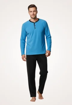 Pijamale bărbați polar albastru și negru cu decolteu cu nasturi