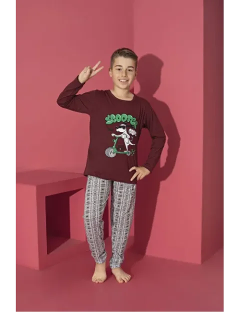 Pijama băieți cu mânecă lungă și pantaloni lungi, imprimeu Scooter, roșu