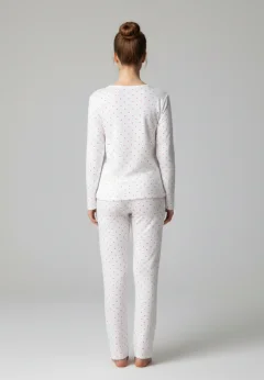 Pijama damă albă cu punctulețe roz, bluză cu mânecă lungă și fundiță