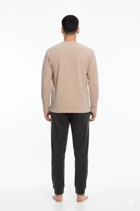 Pijama bărbați pentru sezonul rece crem & gri închis „DON’T QUIT” – material polar