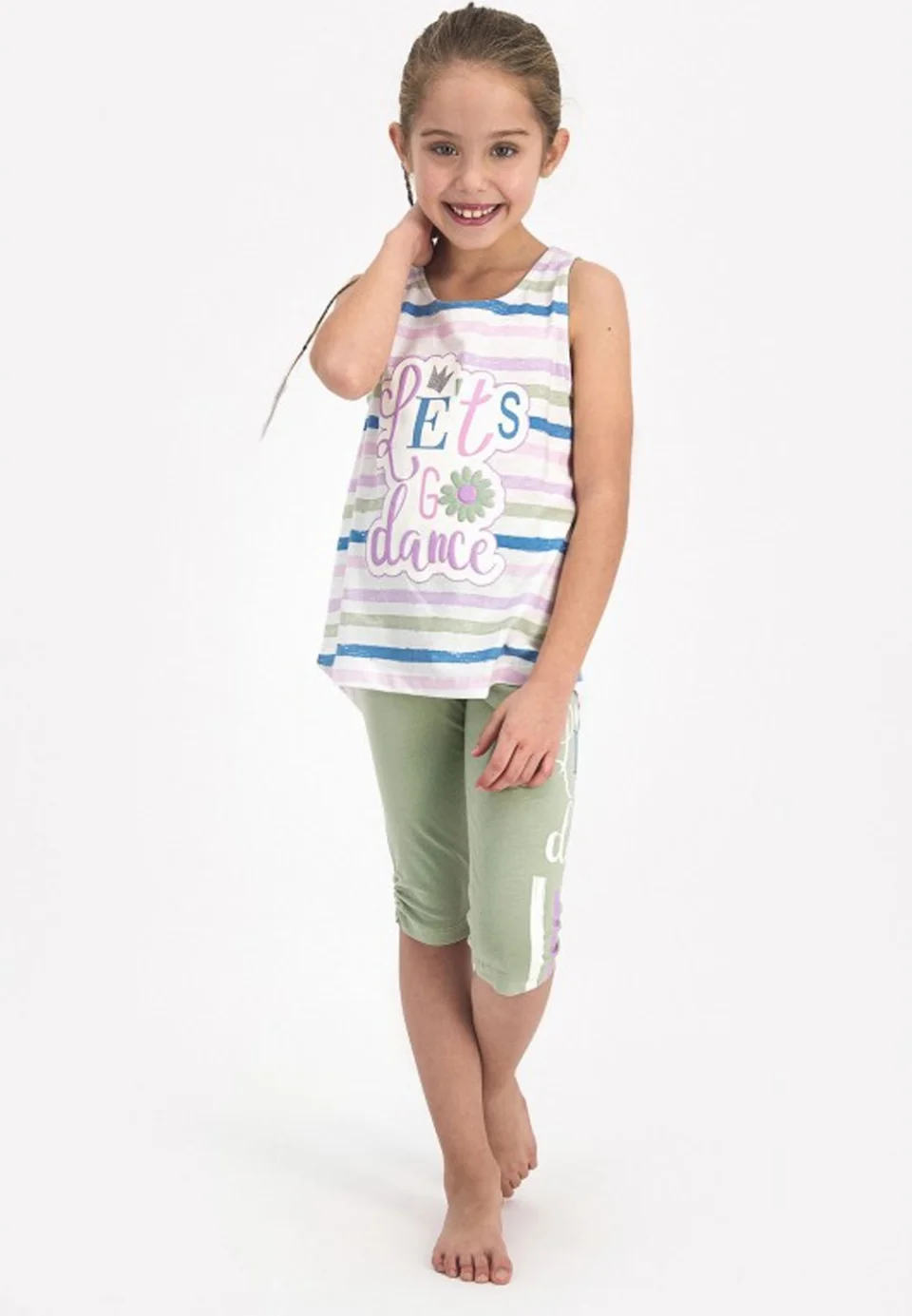 Pijama fetițe cu maiou și pantaloni trei sferturi, imprimeu LET'S GO DANCE, verde