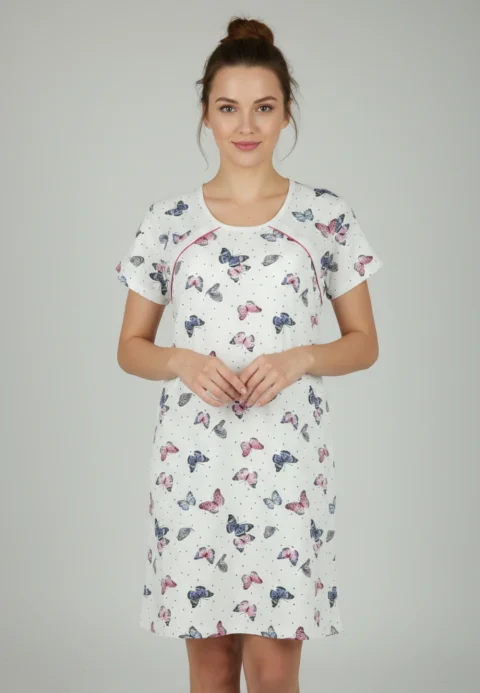 Cămașă pentru alăptat alb cu fluturi