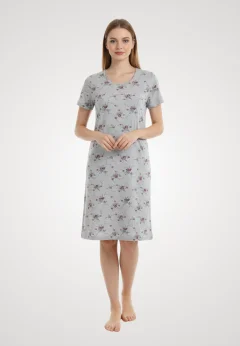 Cămașă de noapte gri cu flori si maneca scurta