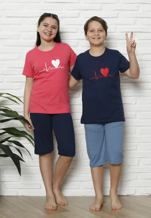 Pijama familie-copii, bumbac, mânecă scurtă și pantaloni 3/4, bleumarin