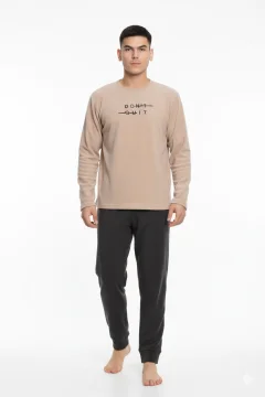 Pijama bărbați pentru sezonul rece crem & gri închis „DON’T QUIT” – material polar