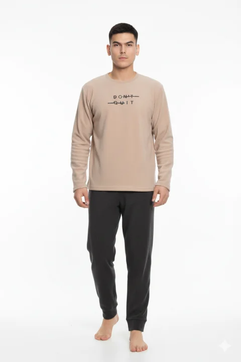 Pijama bărbați pentru sezonul rece crem & gri închis „DON’T QUIT” – material polar