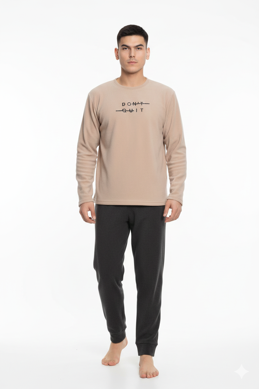 Pijama bărbați pentru sezonul rece crem & gri închis „DON’T QUIT” – material polar
