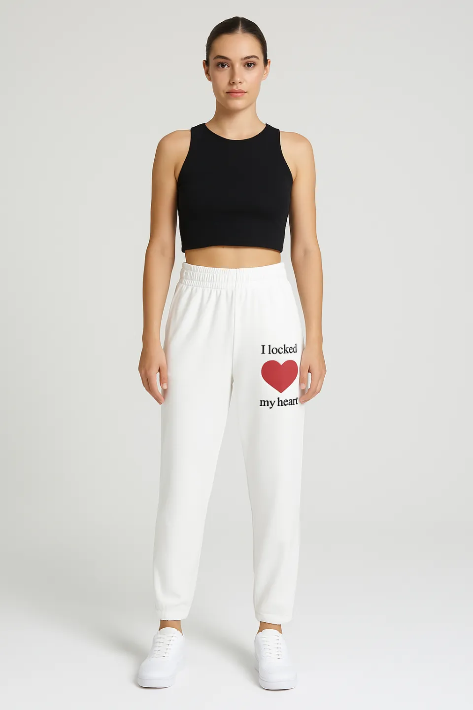 Pantaloni de trening damă albi cu imprimeu