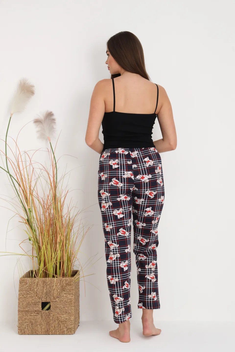 Pantaloni de pijama damă cu carouri și ursuleți, croială lejeră, bumbac & poliester