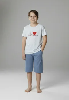 Pijama familie-copii, bumbac, mânecă scurtă și pantaloni 3/4, albastru