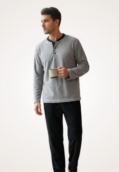 Pijamale bărbați polar gri și negru cu decolteu cu nasturi