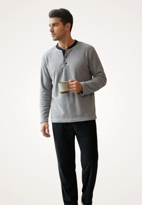 Pijamale bărbați polar gri și negru cu decolteu cu nasturi