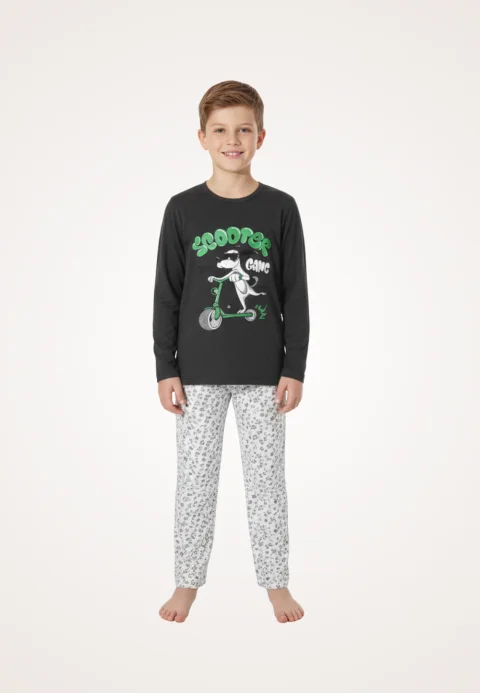 Pijama băieți cu mânecă lungă și pantaloni lungi, imprimeu Scooter, negru