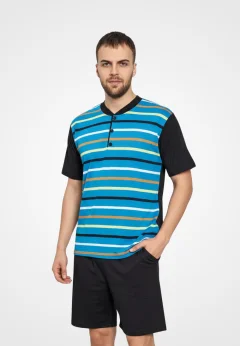 Pijama bărbați din bumbac, mânecă scurtă și pantaloni scurti- culoare albastru