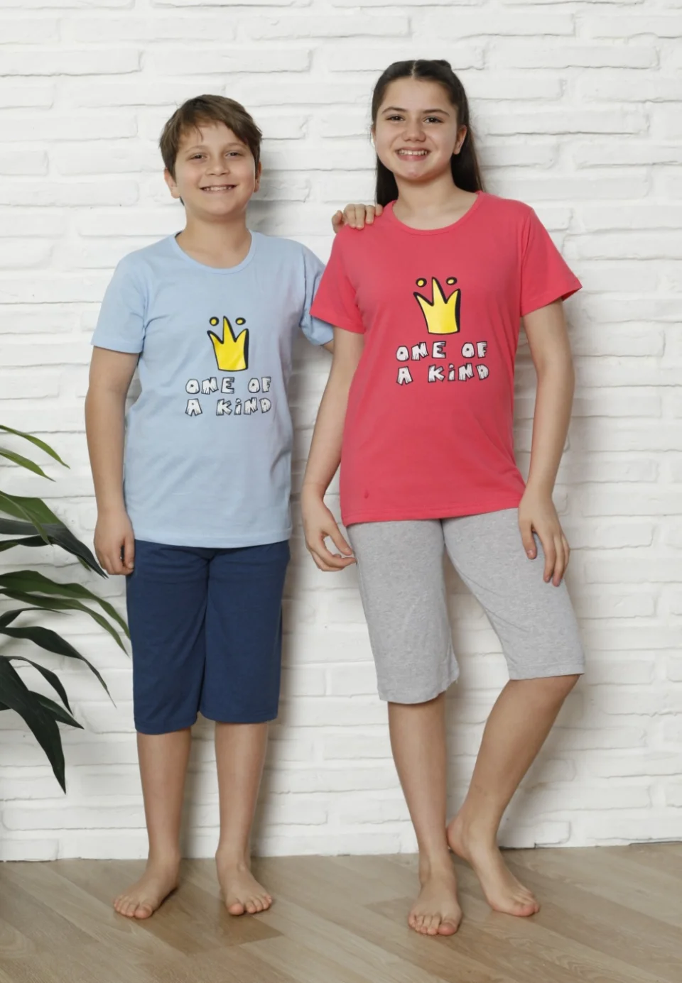 Pijama familie-copii, bumbac, mânecă scurtă și pantaloni 3/4, albastru