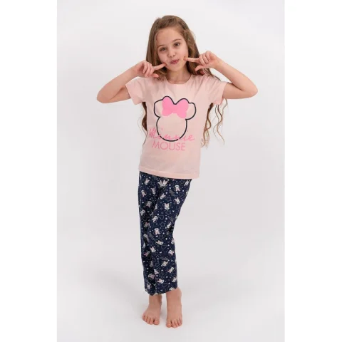 Pijamale pentru copii Minnie Mouse, bluza cu mânecă scurtă și pantalon lung, culoare somon