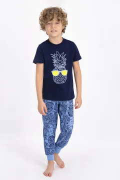 Pijama copii cu tricou și pantaloni lungi, imprimeu ananas, Bleumarin