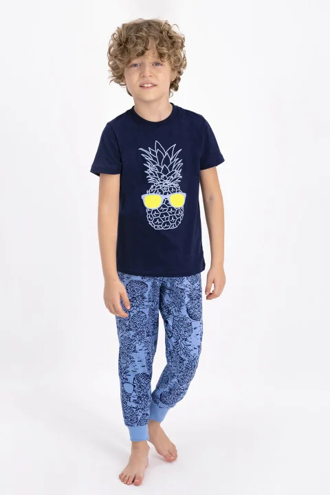 Pijama copii cu tricou și pantaloni lungi, imprimeu ananas, Bleumarin