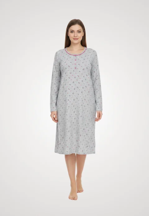 Cămașă de noapte gri cu inimioare si maneca lunga