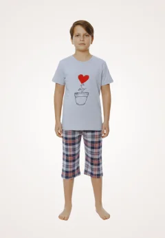 Pijama familie-copii, bumbac, mânecă scurtă și pantaloni 3/4, gri