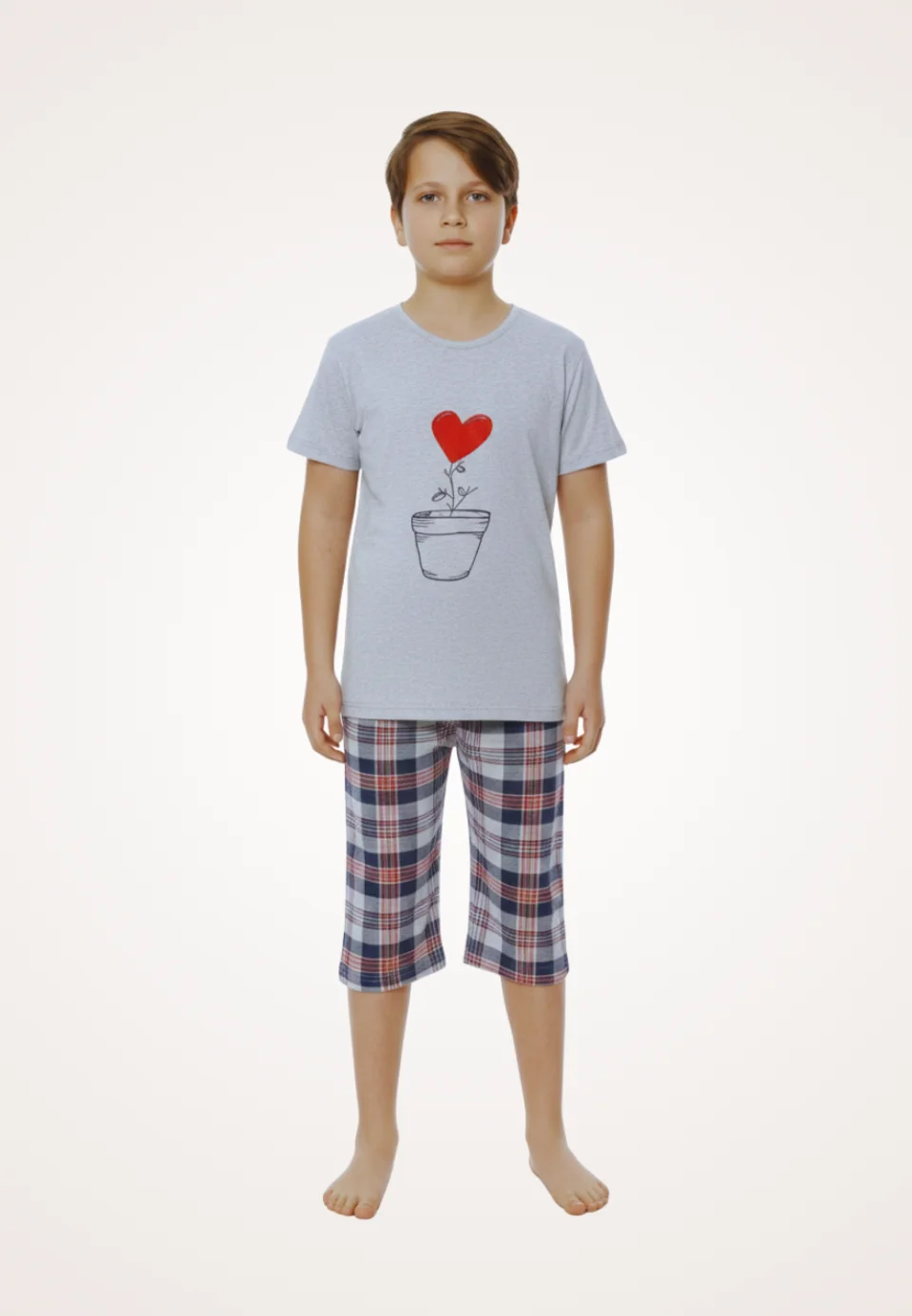 Pijama familie-copii, bumbac, mânecă scurtă și pantaloni 3/4, gri