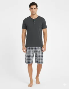 Pijama pentru bărbați, mânecă scurtă și pantaloni scurți, gri