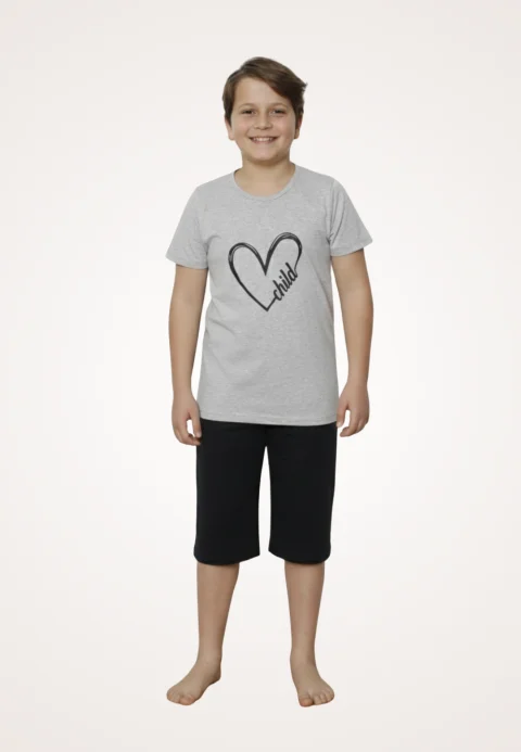 Pijama familie-copii, bumbac, mânecă scurtă și pantaloni 3/4, roz pudrat