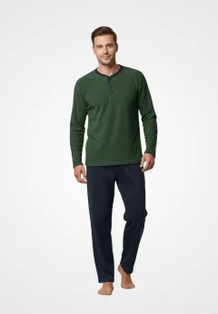 Pijamale bărbați polar verde închis și bleumarin cu decolteu cu nasturi
