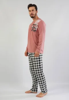 Pijamale Bărbați din Bumbac, Roz Pudră cu Imprimeu Text, Pantaloni și Mâneci Lungi