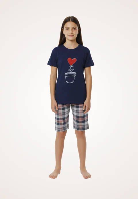 Pijama familie-copii, bumbac, mânecă scurtă și pantaloni 3/4, bleumarin