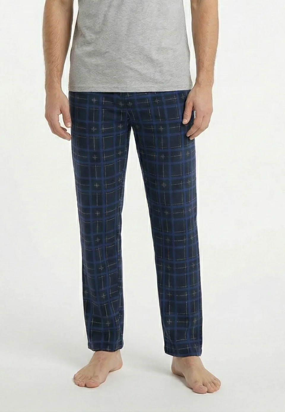 Pantaloni lungi de pijama bărbătești cu elastic în talie, culoare negru cu dungi albastre