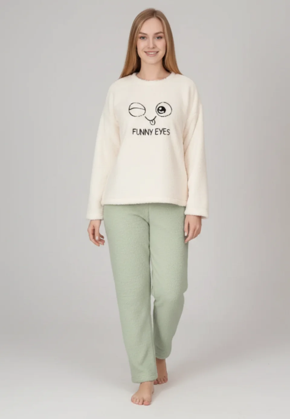 Pijamale damă cocolino alb și verde deschis cu imprimeu „Funny Eyes”