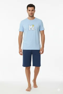 Pijama familie-bărbați, bumbac, mânecă scurtă și pantaloni 3/4 , culoare albastru