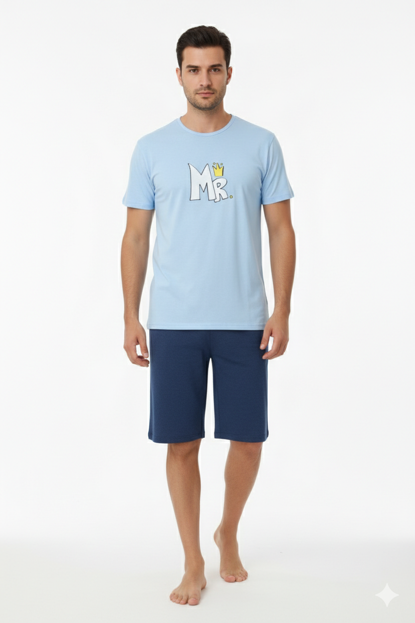 Pijama familie-bărbați, bumbac, mânecă scurtă și pantaloni 3/4 , culoare albastru