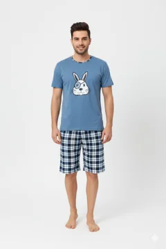 Pijama bărbat din bumbac, mânecă scurtă și pantaloni 3/4, imprimeu iepure pirat, albastru