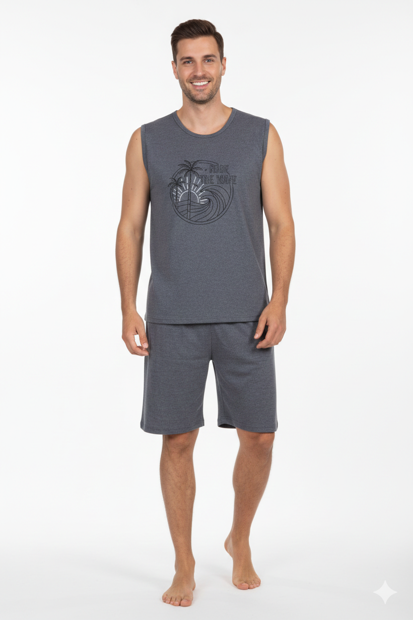 Pijama bărbați din bumbac –maiou cu imprimeu "Surf The Wave"- Gri