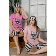 Pijama damă, cu mânecă scurtă și pantaloni 3/4 din bumbac, imprimeu lup, roz deschis