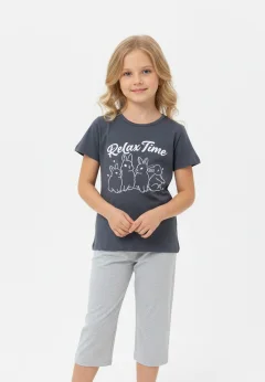 Pijama fete Paște, Gri – tricou bumbac 100% și pantaloni 3/4