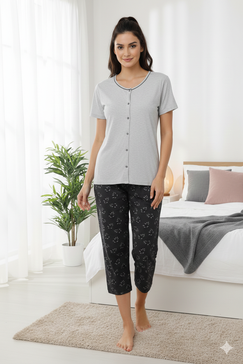 Pijama damă din bumbac mânecă scurtă și pantaloni 3/4