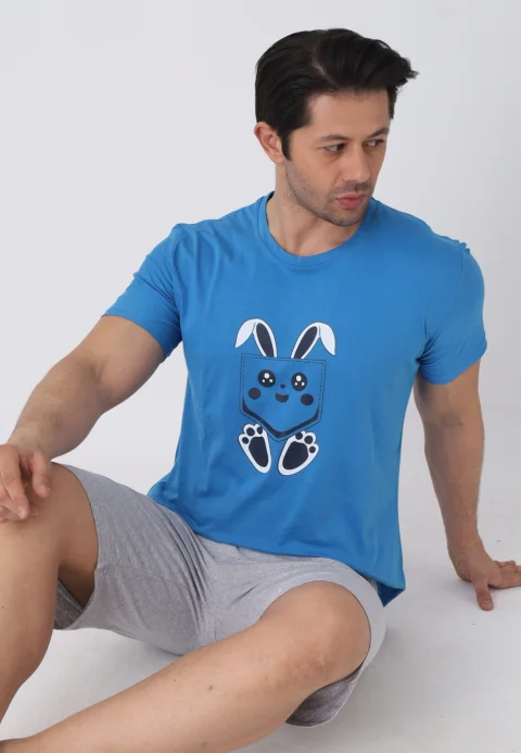 Pijama bărbați Paște, Albastru– tricou bumbac 100% și pantaloni 3/4