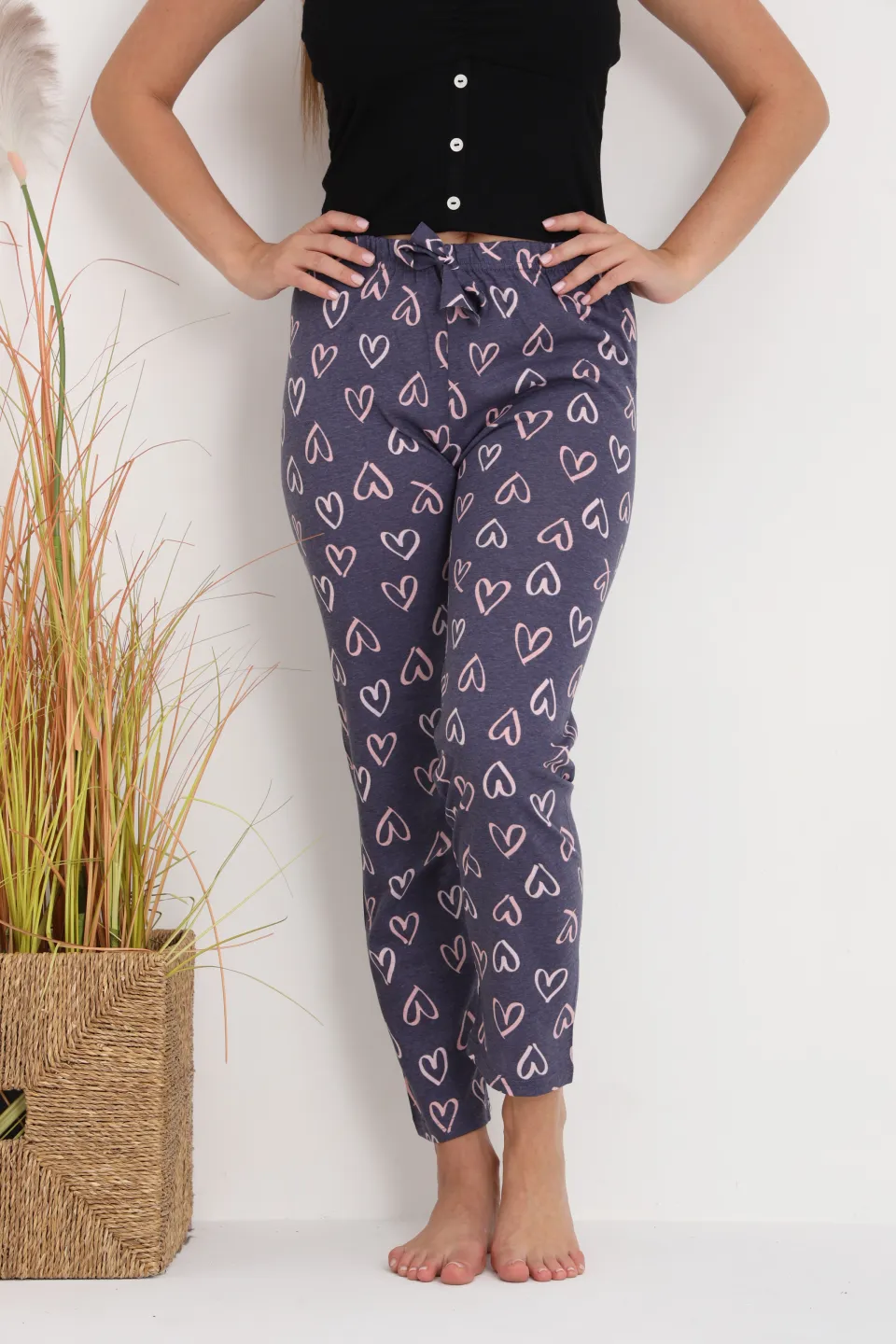 Pantaloni de pijama damă gri închis cu inimioare