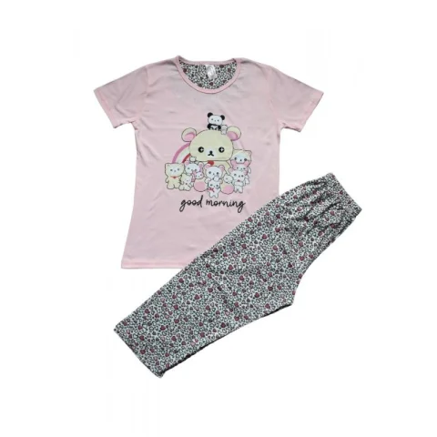 Pijama dama din bumbac, colecția nouă, tricou roz deschis cu imprimeu „Good morning” și pantaloni 3/4 asortați