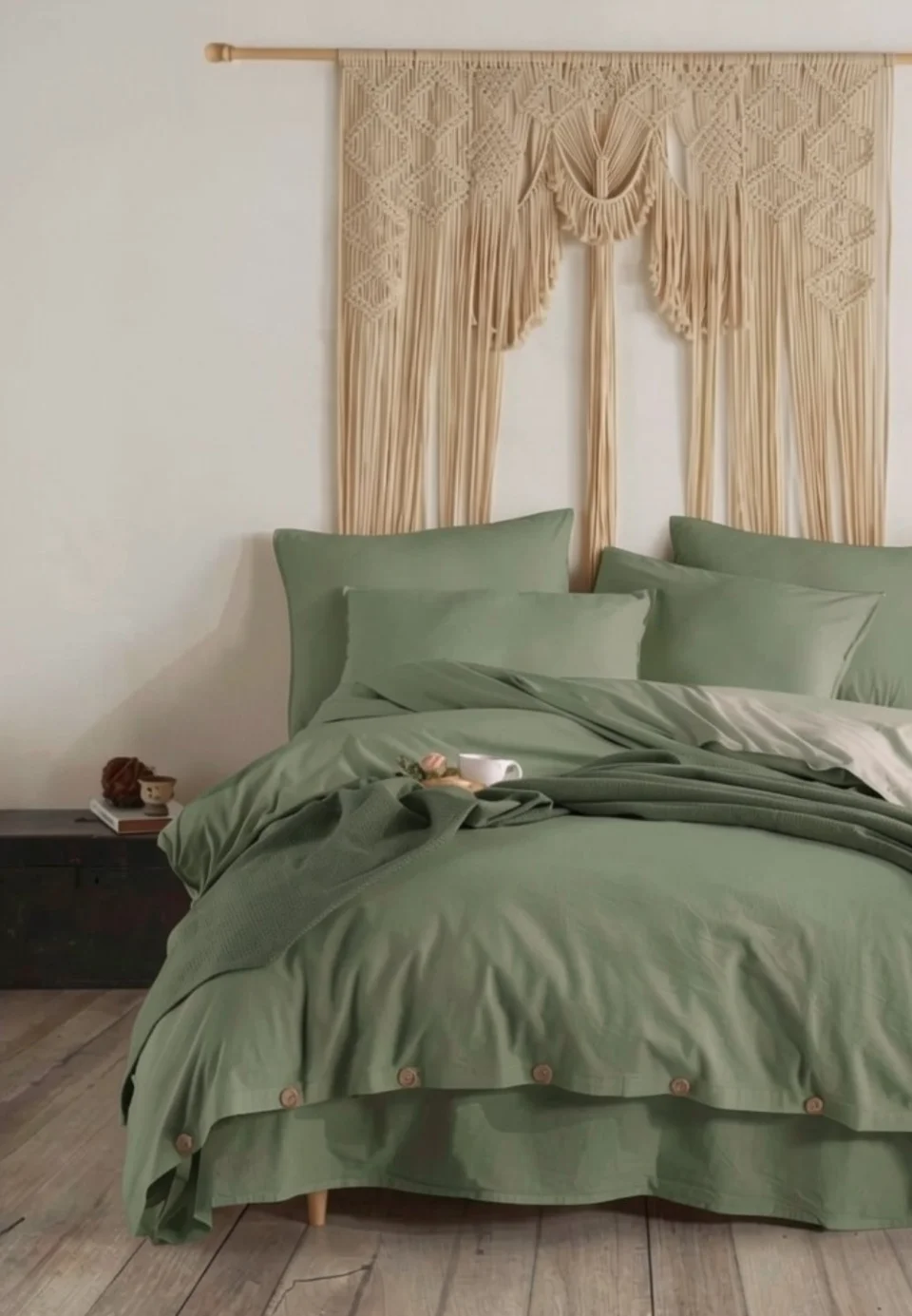 Set Lenjerie de Pat Dublu cu Nasturi din Lemn – Kaki