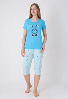 Pijama damă cu model de Paște, albastru deschis – tricou bumbac și pantaloni 3/4