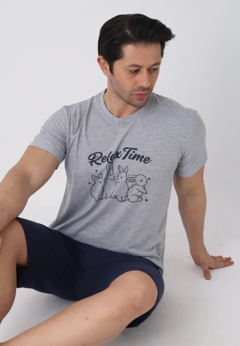 Pijama bărbați Paște, Gri– tricou bumbac 100% și pantaloni 3/4